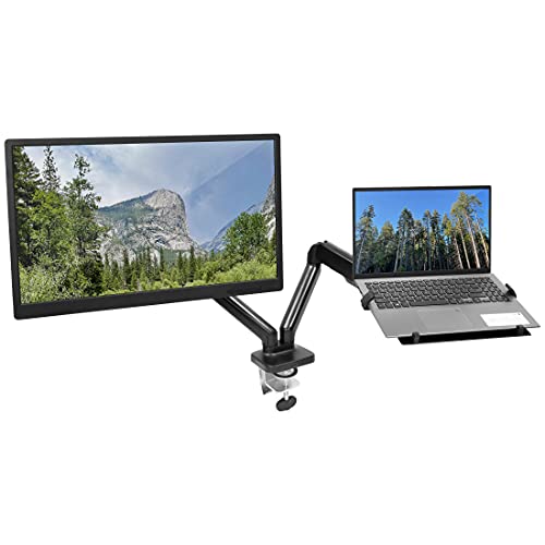 Mount-It! Monitor and Laptop Desk Mount, Height Adjustable Dual Arm Stand with Vented Laptop Tray, Fits Laptops up to 17 Inch and 13–27 Inch Monitors, VESA 75x75 & 100x100, Clamp or Grommet Mount - style: Laptop + Monitor Arm