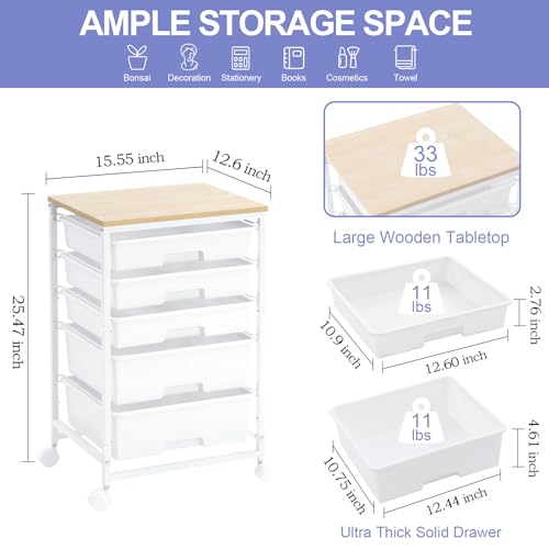 SYKIARIOL Rolling Cart with Drawers, 5 Drawers Utility Cart, Bright White - color: Bright White