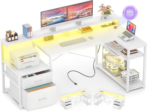 Aheaplus L Shaped Desk with File Drawer, Reversible L Shaped Gaming Desk | Computer Desk with Power Outlet & LED Strip, Home Office Desk Corner Desk with Monitor Shelf, Storage Shelves, White - color: White