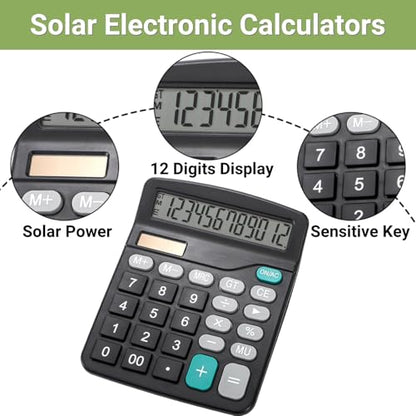 Noamus 8 Pack Desktop Calculator 12 Digit, Solar Battery Basic Calculators, Dual Power Electronic Calculators with Large LCD Display, Sensitive Button Handheld Calculator for Office Home School, Black
