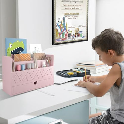 Wisuce Bamboo Mail Organizer with Drawer, Countertop Desk Organizer (Pink) | Made from Natural Bamboo Multi-Compartment Design Built-In Drawer No Assembly Required - color: Pink