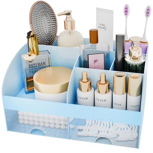 Makeup Organizer with Drawers, Cosmetic Storage for Dresser Vanity and Bathroom Countertop, Beauty Holder for Lipstick Brush, Skincare Organizer for Vanity, Cosmetic Display Case (Blue) - color: Blue