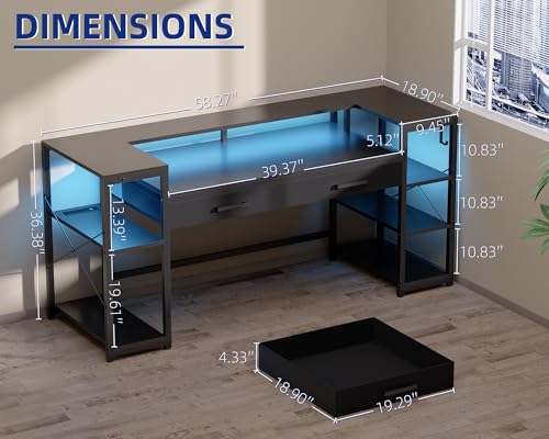 Pamray 58 Inch Gaming Computer Desk with Monitor Stand Drawers and Shelves | Ample Storage， Large Table with LED Lights & Power Outlets & USB Ports, Sturdy, Suitable for Gaming Home Office Work Study - color: Vintage