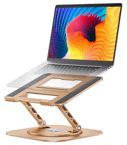 AOEVI Adjustable Laptop Stand with 360 Rotating Base, Computer Stand for Laptop Ergonimic Foldable Laptop Riser for Desk Compatible with MacBook Pro/Air Notebook up to 16 Inches, Gold - color: Gold