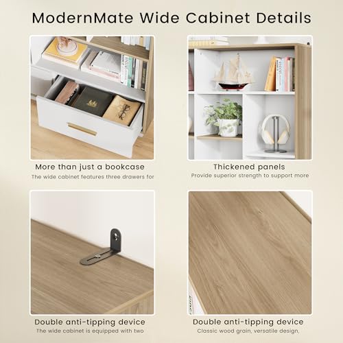 ModernMate 60" Wide Bookshelf with 3 Drawers & 16 Open Display Storage - color: White Walnut