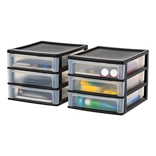 IRIS USA 2-Pack, 3-Drawer Medium Plastic Stacking Desktop Organizer, Black | Organize office supplies, stationery, makeup, craft materials and everyday essentials for neat desktop storage - color: Black, style: Medium - 2 Pack