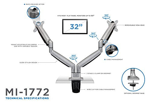 Mount-It! (MI-1772) Dual Monitor Arm Mount Desk Stand Two Articulating Gas Spring Height Adjustable Arms | Fits Up To 32" VESA 75 100 Compatible Screens | C-Clamp and Grommet Bases (Silver) - color: Silver
