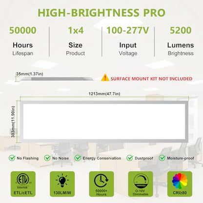 YXL 6 Pack 1x4 LED Flat Panel Light Office Light, 5200LM, 5CCT LED Drop Ceiling Light Fixture, 40W/35W/30W/25W/20W Selectable,6500K/5000K/4000K/3500K/3000K,Dimmable 0-10V,ETL - color: 1X4 FT, size: 6 Pack