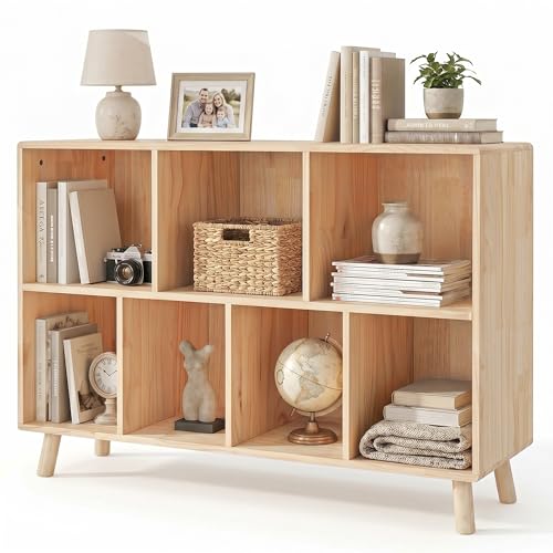 YZU 45" Wide Open Cube Wood Bookshelf, 7-Cube Storage Organizer Shelf | Natural Wood Bookcase with Legs for Office Home, Sturdy Modern Storage for Bedroom, Living Room - color: Natural Wood