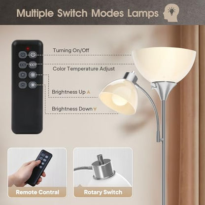 GERGO Torchiere Floor Lamp with Remote Control and Adjustable Reading Light - color: Brushed Nickel