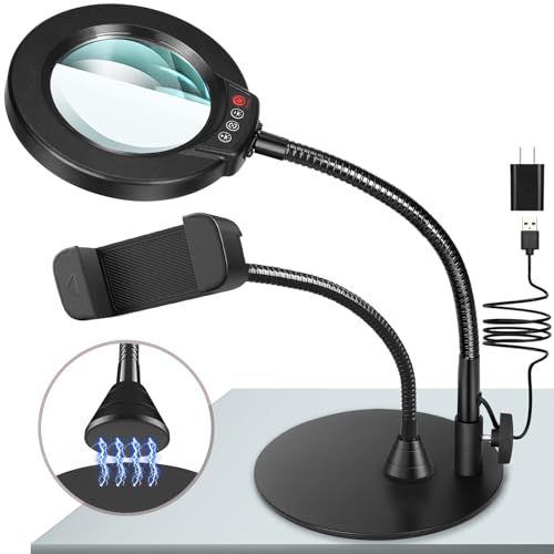 10X Magnifying Glass with Light and Phone Holder, 5 Color Modes Stepless Dimmable LED Lighted Desk Lamp with Stand, Hands Free Magnifier with Flexible Goose-Neck for Craft Hobby Painting, Black - color: Black and Phone Holder, size: 10X-12.6in