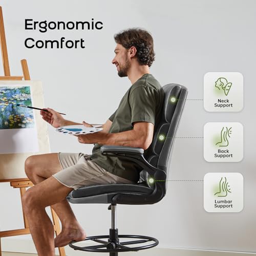 amseatec Drafting Chair, Tall Office Chair with Footrest for Standing Desk | 3-zone backrest and dual-layer cushion add comfort; 90° flip-up armrests plus adjustable foot ring fit counter-height tables - color: Grey