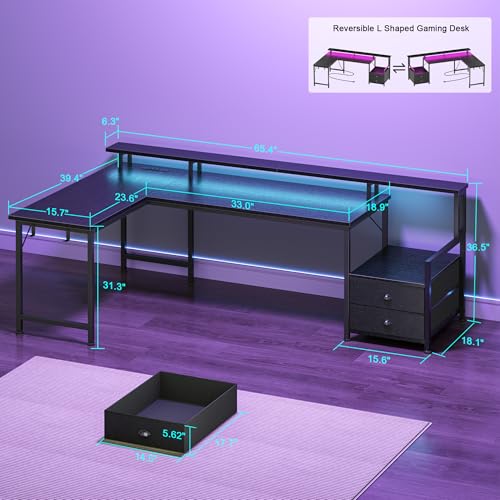 Korfile 66'' L Shaped Gaming Desk with Storage Drawers, Power Outlets, LED - color: Black, size: Large: 66 inches