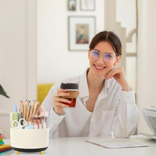 SKYDUE 360 Rotating Organizer, Dual-Purpose Pencil Pen Holder, 5-Slot Rotating Pencil Cup for Office, School, Home (Beige-Black) - color: Beige-Black_1Pack