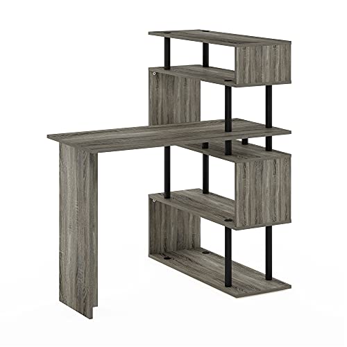 Furinno Moore L-Shape Computer Desk with 5-Tier Shelves, French Oak | L-Shape Gaming Desk, Reversible, Computer Desk, for Home Office, Bedroom - color: French Oak/Black