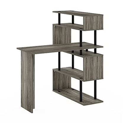 Furinno Moore L-Shape Computer Desk with 5-Tier Shelves, French Oak | L-Shape Gaming Desk, Reversible, Computer Desk, for Home Office, Bedroom - color: French Oak/Black