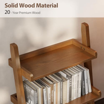 AQIMUELE Solid Wood Ladder Shelf, Leaning Bookshelf, Walnut, 3-Tier - color: Walnut, size: 3-Tier