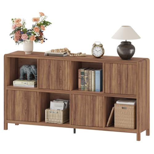 8 Cube Bookcase with 4 Doors, Wood Bookshelf with Storage Cabinet, Low Horizontal Storage Book Shelf for Living Room, Home Office, Dining (57 Inch Walnut) - color: Walnut With 4 Doors