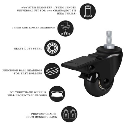 8T8 Replacement Office Chair Wheels 2 inch PU Caster Wheels with Brakes, Set of 5, Heavy Duty Casters with Threaded Stem 5/16"-18x1, Quiet and Smooth Rolling, Safe for Wood Hardwood Floors