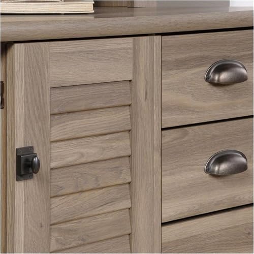 BOWERY HILL Wood Home Office Desk with Hutch, Salt Oak Finish, 3 Drawers, File Storage, Slide-Out Keyboard Shelf, Cubbyhole and Vertical Storage, 57.52" H x 62.13" W x 23.39" D