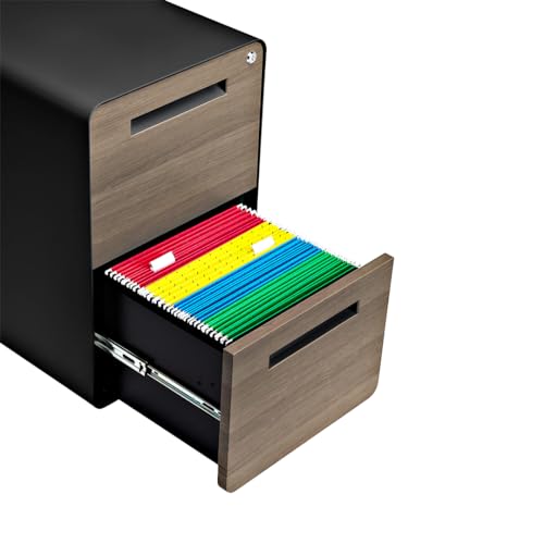 Laura Davidson Furniture Stockpile 2 Drawer Mobile File Cabinet with Lock - Under Desk Metal Filing Cabinet, Legal/Letter File Folders, Wheels and Stationary Feet, Pre-Assembled, Black/Wood - color: Black/Wood