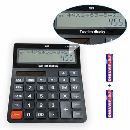DECKLIT Battery and Solar Unique 120-Step Calculation Check 12 Digit 2 Line Extra Large Calculator Big Buttons and 5.5" LCD Display, Configurable Tax Rate Financial Calculator for Tax Calculations - color: 2 line black