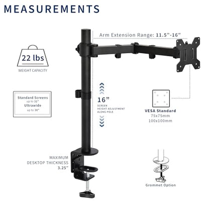 VIVO Single 13 to 38 inch Ultrawide Monitor Arm Desk Mount, Regular Screens up to 32 inches, 22 lbs capacity, Fully Adjustable Stand with C-Clamp and Grommet Base, Black, STAND-V001 - color: Black, size: 16" tall