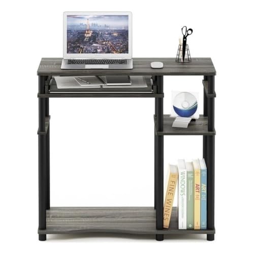 Pemberly Row Wood Computer Desk with Bookshelf, French Oak Gray and Black Finish, Durable Engineered Wood, Sliding Keyboard Tray, Side Shelves, Compact Space-Saving Design for Apartments or Dorm Rooms