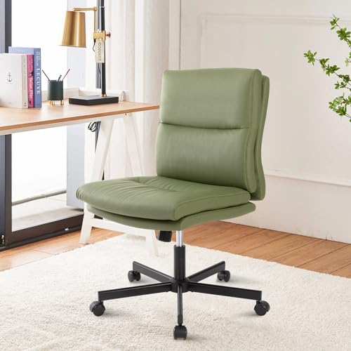 LUCKWIND Armless Office Desk Chair with Wheels, Mid-Back Criss Cross Swivel Task Chair, Height Adjustable Cushioned Vanity Chair, Double Padded PU-Leather Chairs for Home, Office & Bedroom (Green) - color: Green