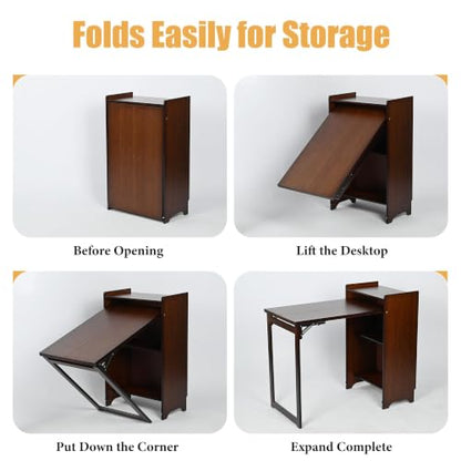 tonchean Bamboo Folding Desk with Storage Bookshelf for Small Spaces, Brown