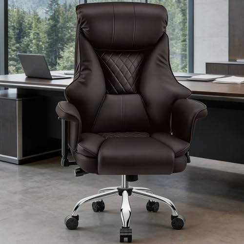 Big and Tall Office Chair - Executive High Back Leather Office Desk Chair with Adjustable Lumbar Support - Ergonomic Comfortable Heavy Duty Computer Gaming Chair with Padded Arms & Wide Seat - color: Brown