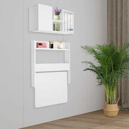 Floating Desk, 24" Wall Mounted Folding Desk with Bookshelf Folding Wall Desks Space Saving Workstation with Storage Shelves for Home Office Bedroom Study Room Small Space - color: White