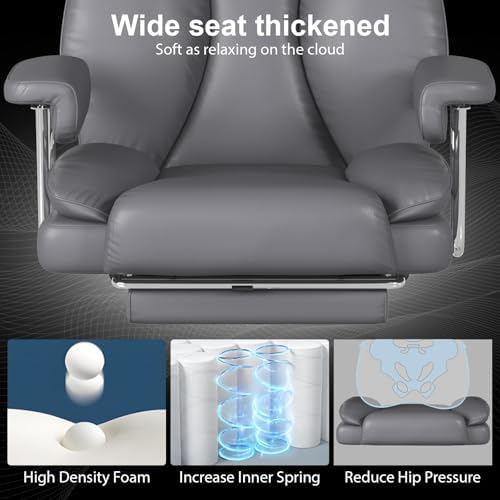 Big and Tall Office Chair, Executive Home Office Desk Chair, Comfy Leather High-Back Reclining Computer Chair with Retractable Footrest and Padded Arms, 360°Swivel Rolling Wheels, Wide Seat, Gray - color: Grey
