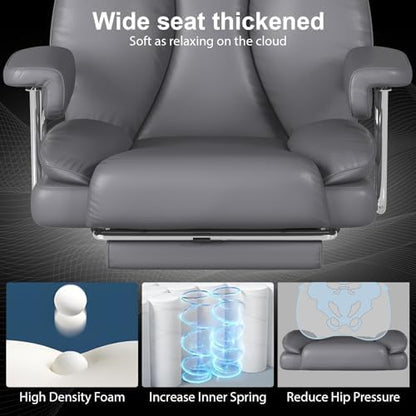 Big and Tall Office Chair, Executive Home Office Desk Chair, Comfy Leather High-Back Reclining Computer Chair with Retractable Footrest and Padded Arms, 360°Swivel Rolling Wheels, Wide Seat, Gray - color: Grey
