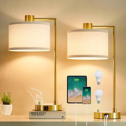 Gold Table Lamp Set of 2, Dimmable Bedside Lamps for Night Stands, USB A+C | Nightstand Lamp with Linen Lampshade, 2 LED Bulbs Included,Desk Lamp for Bedroom, Living Room, End Table, Reading, Office - color: Gold
