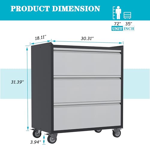 3 Drawer Rolling Garage Storage Cabinet, Small Metal Tool Cabinet with Drawer, Tool Chest & Cabinet for Workshop, Garden, Home, Office, Assembly Required, Black/Gray - size: 18.11"D x 30.29"W x 35.42"H