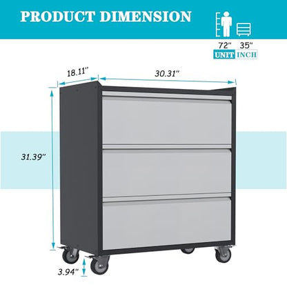 3 Drawer Rolling Garage Storage Cabinet, Small Metal Tool Cabinet with Drawer, Tool Chest & Cabinet for Workshop, Garden, Home, Office, Assembly Required, Black/Gray - size: 18.11"D x 30.29"W x 35.42"H