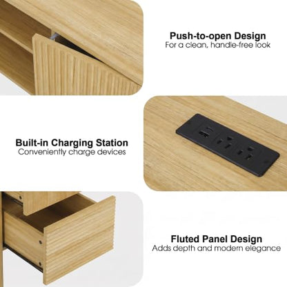 WAMPAT Fluted Executive Desk with Drawers, 58" Modern Home Office Computer Desk with Charging Station, Storage Shelves, Wood Writing Study Desk for Work, Study, Writing, Oak - color: Oak