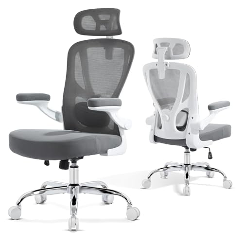 Ergonomic Office Chair, Mesh Office Desk Chair, Grey, 1 Pack | Lumbar Support, Head Support, Rocking Function, Flip-up Armrests, Mesh High Back, Suitable for Home, Office - color: Grey