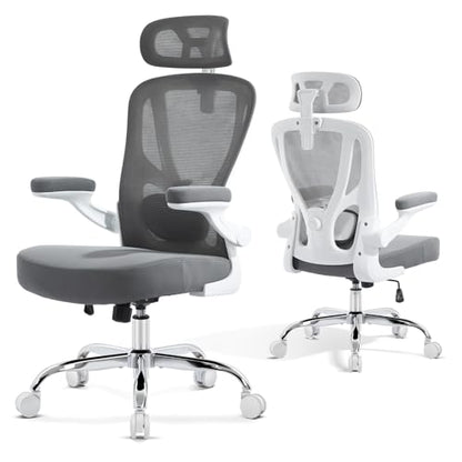 Ergonomic Office Chair, Mesh Office Desk Chair, Grey, 1 Pack | Lumbar Support, Head Support, Rocking Function, Flip-up Armrests, Mesh High Back, Suitable for Home, Office - color: Grey
