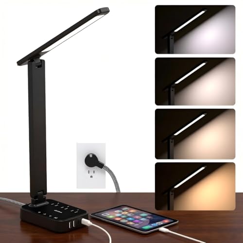 Addtam LED Desk Lamp, Power Strip with 3 Outlets 4 USB Charging Ports(2 USBC), 4 Modes 5 Level Brightness Touch Lamp, Small Desk Lamp for Home Office College Dorm Room Essentials, 10 FT - color: Black, size: 10 FT