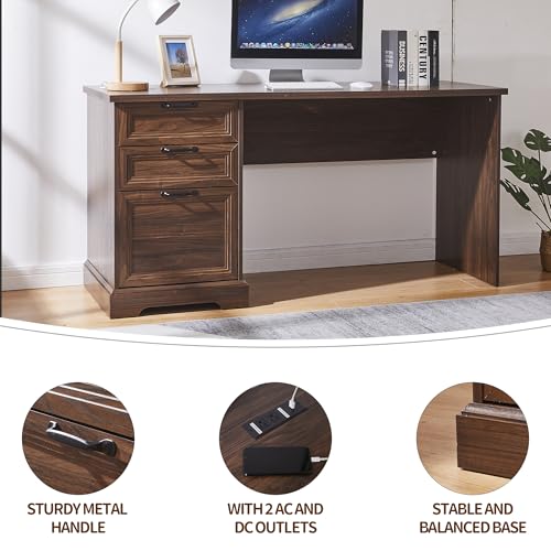 60" Farmhouse Executive Desk with Charging Station,Home Office Desk with 2 Drawers &1 File Cabinet,Wood Work Desk for Office and Home (Brown) - color: Brown