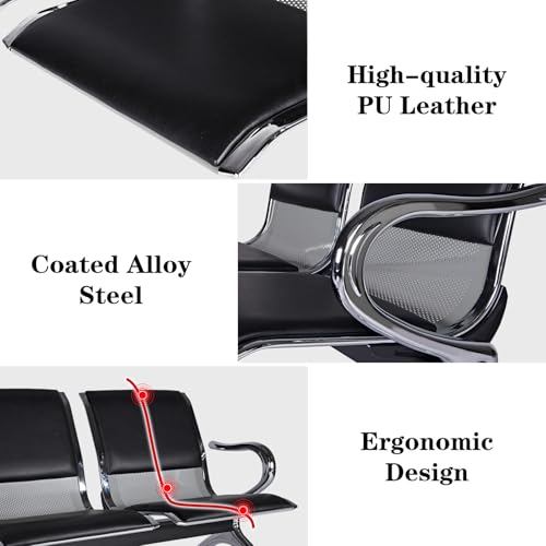 Kinfant Waiting Room Chairs Set- 2-Seat PU Leather Office Chair Guest Reception Waiting Room Bench Furniture for Airport, Hospital, Bank, Salon, Barbershop(Black, Set of 3) - size: 6 Seat