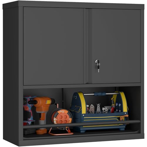 Locking Metal Wall Mounted Garage Storage Cabinet with Doors and Shelves - color: Black, size: 31"H