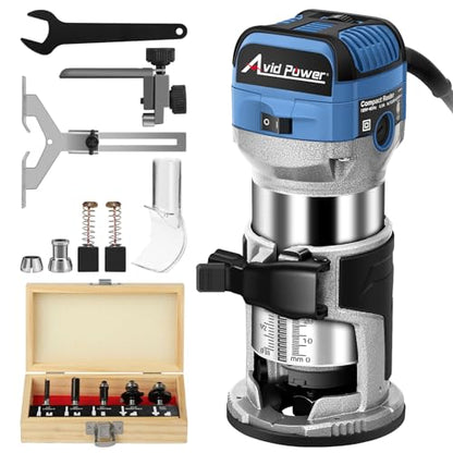 AVID POWER 6.5 Amp 1.25 HP Compact Router Tools for Woodworking, Fixed Base Wood Router with Trim Router Bits, 6 Variable Speeds, Edge Guide, Roller Guide, Dust Hood (Blue, 65mm) - color: Blue