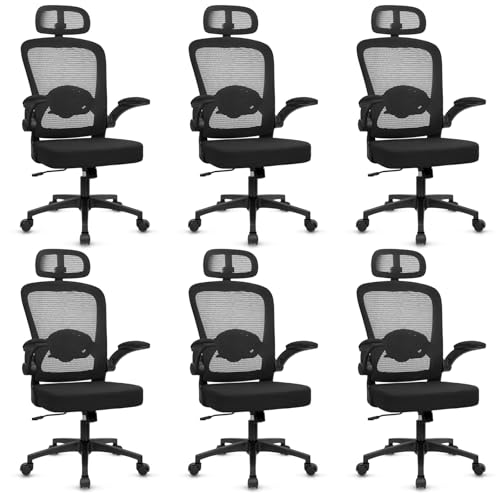 KLASIKA Desk Chairs with Wheels, Ergonomic Mesh Back Home Office Chair with Headrest, Adjustable Lumbar Support Swivel Rolling Computer Chairs with Flip Up Arms for Conference Meeting Room, Black, 6PK - color: Black_villy_headrest, size: 6PK