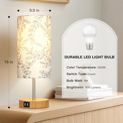 CINSARY Bedside Touch Lamps for Nightstand with 2 USB Charging Ports, 3 Way Dimmable Wood Bedroom Lamp with Flower Fabric Shade, Small Table Lamp for Living Room Reading Desk (LED Bulb Included) - color: Flower-3