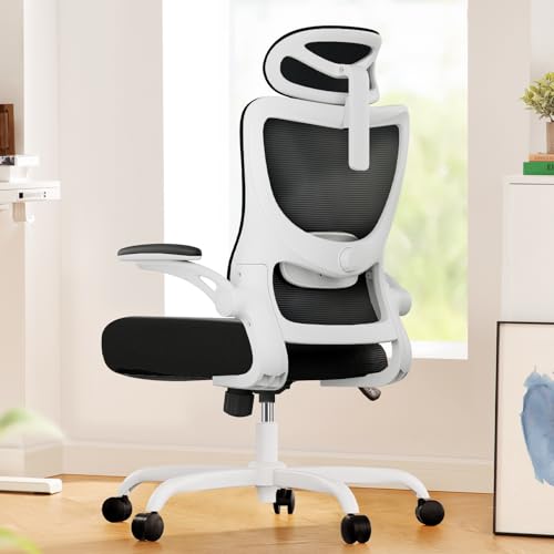 Marsail Ergonomic Office Chair: Office Desk Chair with High Back Mesh and Adjustable Lumbar Support Rolling Work Swivel Task Chairs with Wheel 3D Armrests and Headrest - color: Black & White