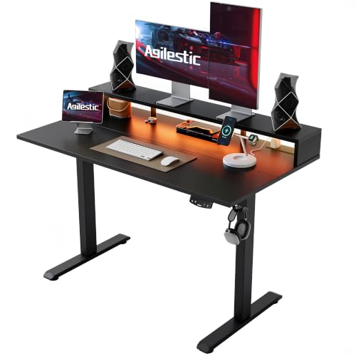 Agilestic 55 x 24 Inch Electric Standing Desk with Shelf, Height Adjustable Desk with Power Outlets & LED, Sit Stand Up Table with Monitor Stand, Computer Workstation, Black - color: Led-black, size: 55 x 24 Inches with led and power strips