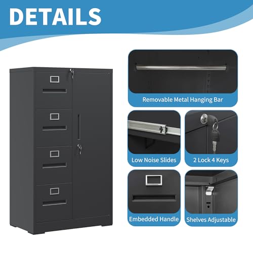 4 Drawer File Cabinet with Lock & 1 Door, Metal Storage Unit with Shelves and Hanging Rod, Vertical Filing Cabinet for Home Office, Fits Letter/Legal/A4/F4, Easy Assembly (Black) - color: Black